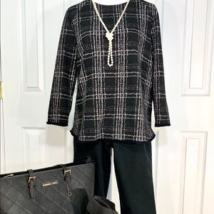 W5 Black-White windowpane plaid shirt w/ fringe, L